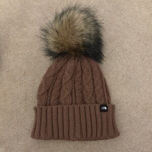 The North Face Tan Cable Knit Beanie with Pom